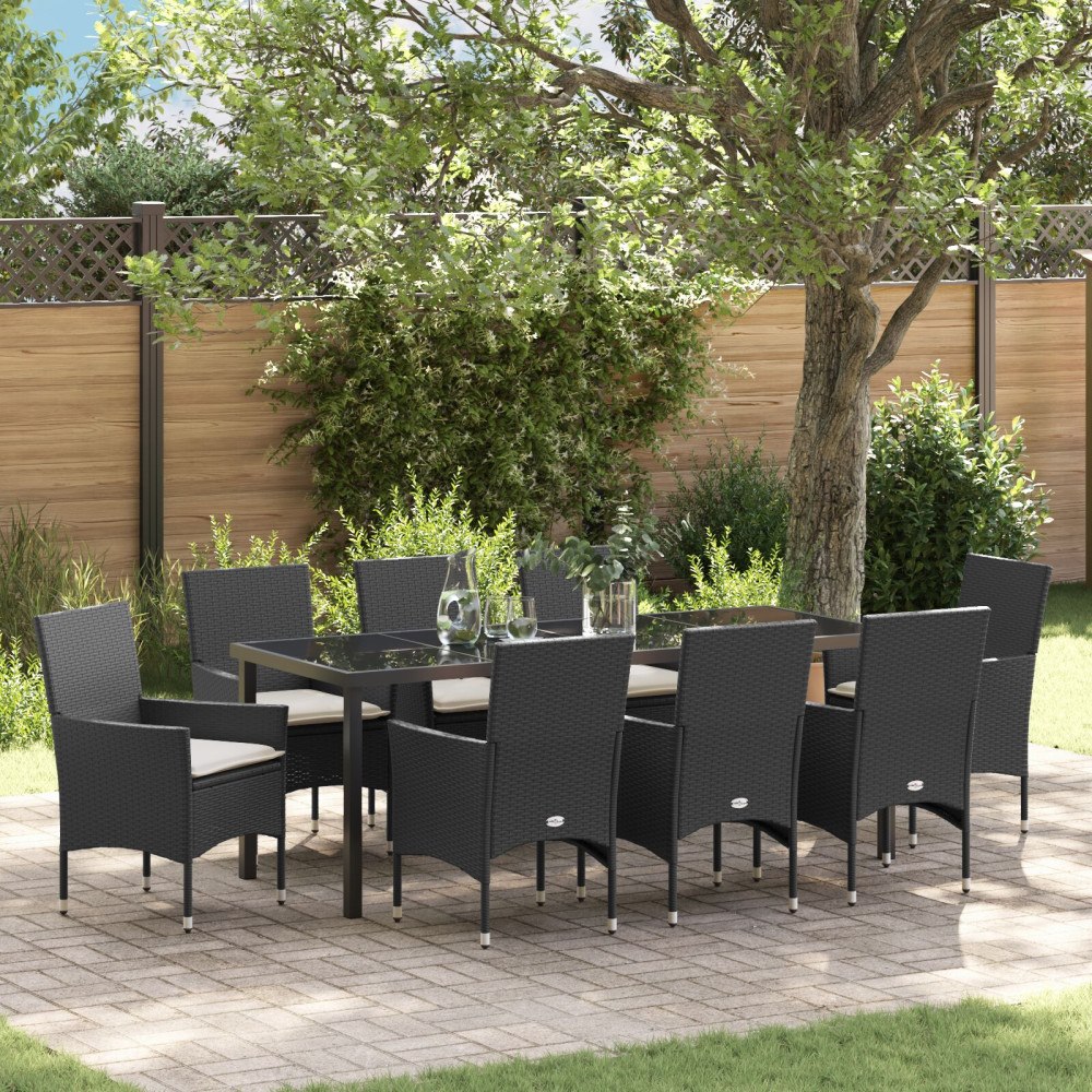vidaXL Trädgårdsmöbelset med kudde 9 pcs Svart Poly rattan
