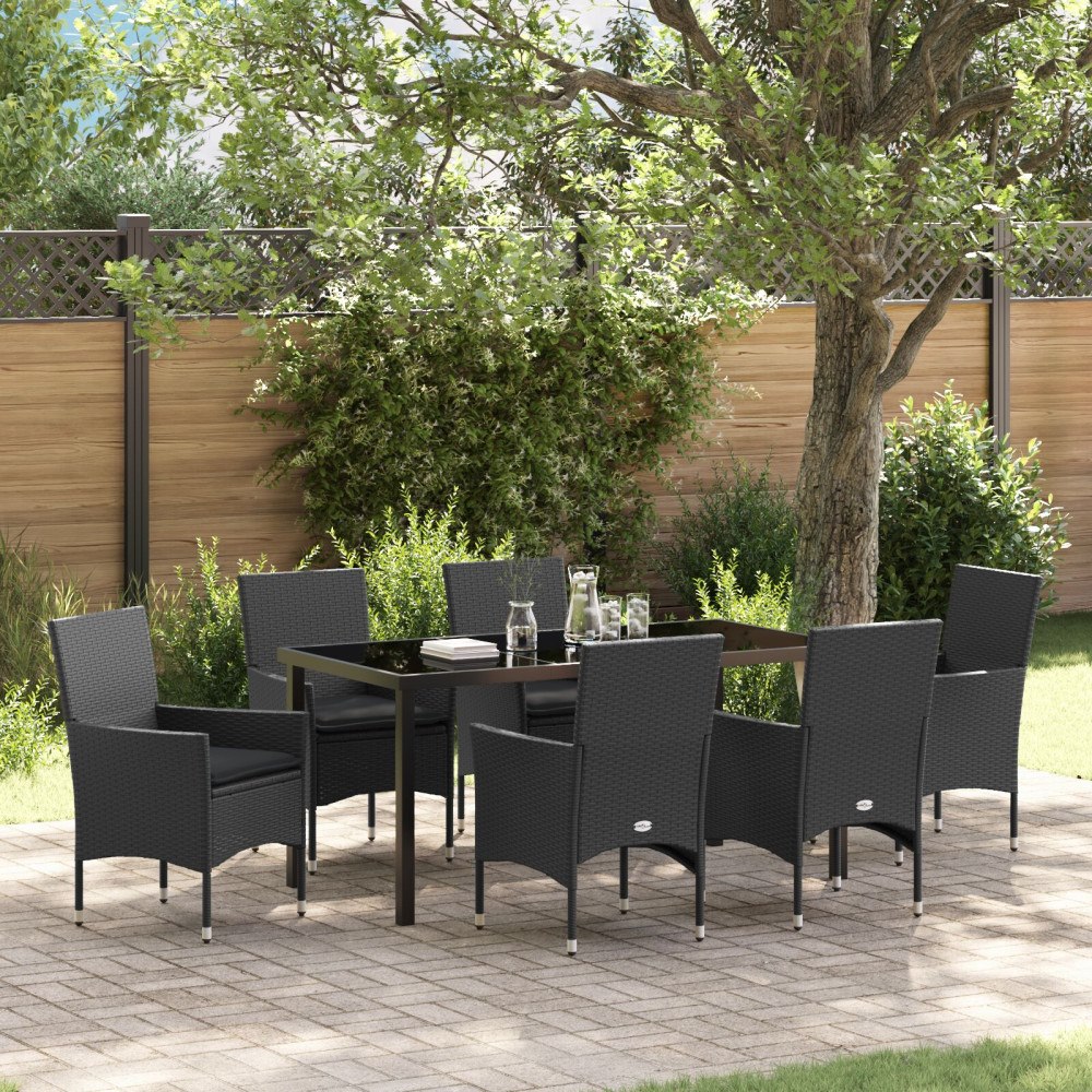 vidaXL 7-delat Trädgårdsmatsalsset med kuddar Svart Poly Rattan, vidaXL Trädgårdsbord Svart 160x80x73 cm Härdat glas