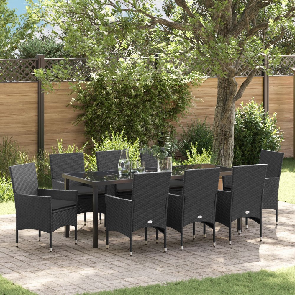 vidaXL Trädgårdsmöbelset med kudde 9 pcs Svart Poly rattan