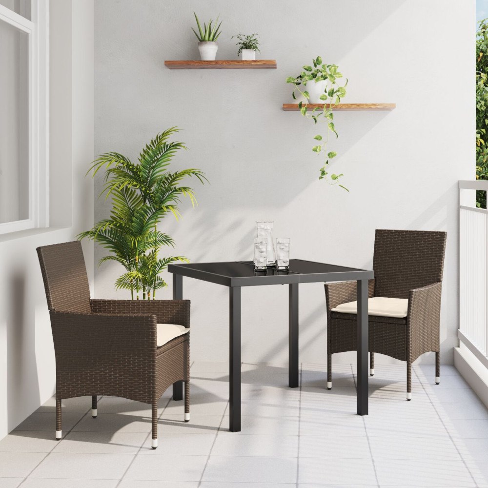 vidaXL 3-delars trädgårds matsal med kuddar Brun polyrotting, vidaXL Trädgårdsbord Svart 80x80x73 cm Tempererat glas