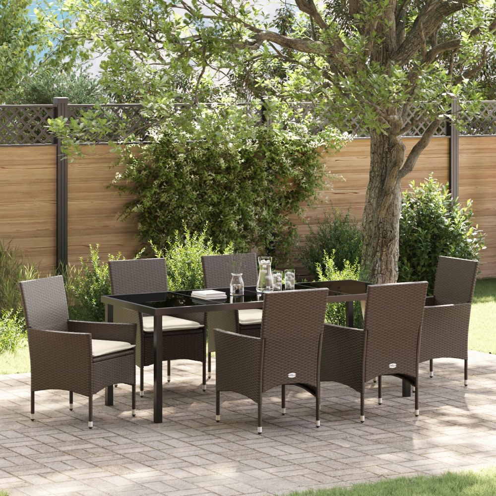 vidaXL Trädgårdsmöbelset med kudde 7 pcs Brun Poly rattan
