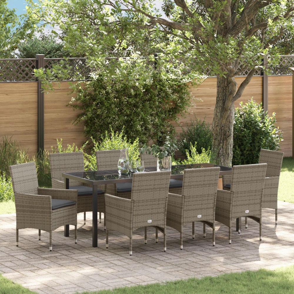 vidaXL Trädgårdsmöbelset med kudde 9 pcs Grå Poly rattan
