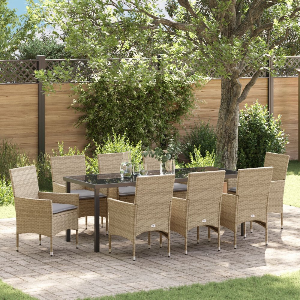 vidaXL 9-delars trädgårdsdining-set med kuddar beige polyrotting, vidaXL Trädgårdsbord svart 200x80x73 cm härdat glas