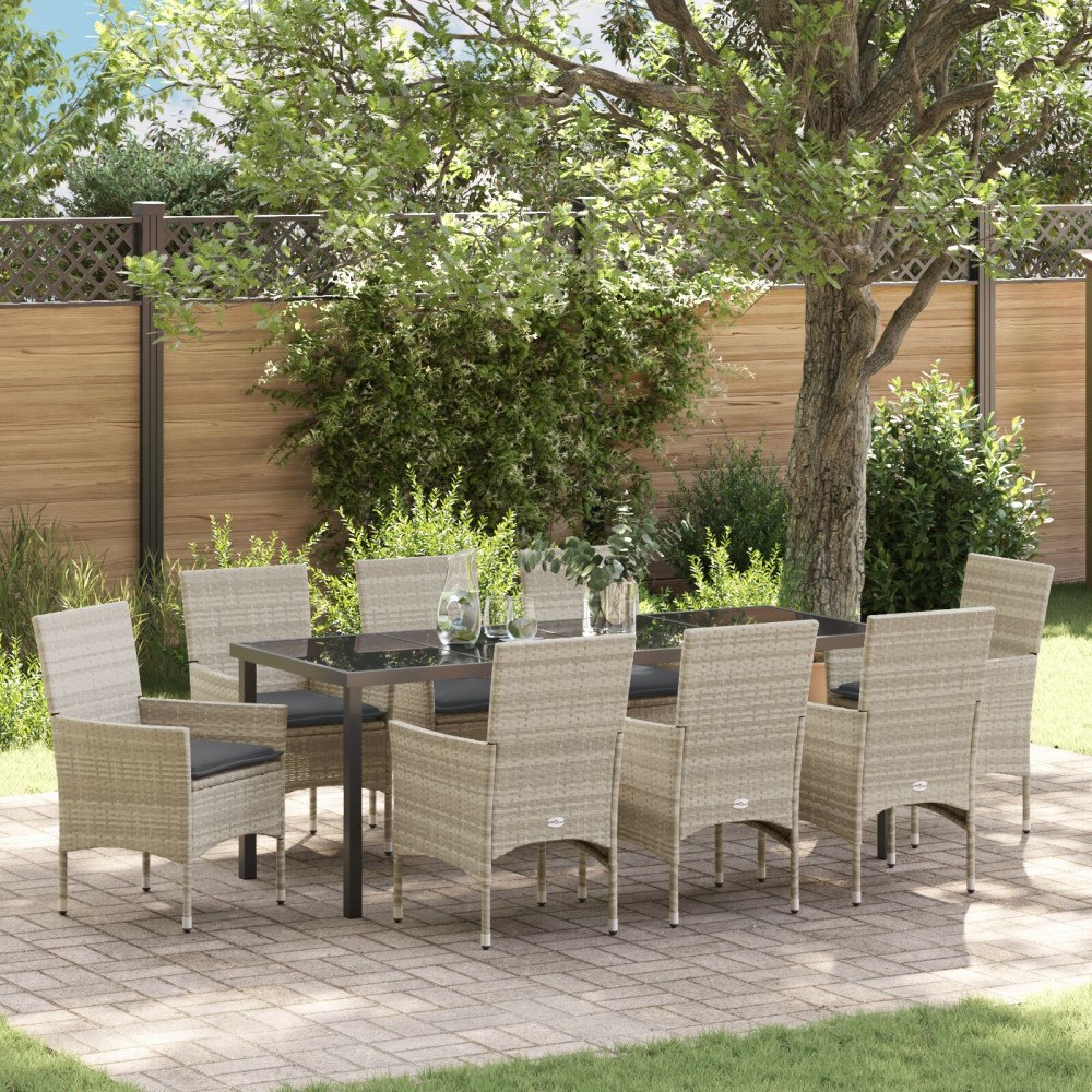 vidaXL Trädgårdsmöbelset med kudde 9 pcs Ljusgrå Poly rattan