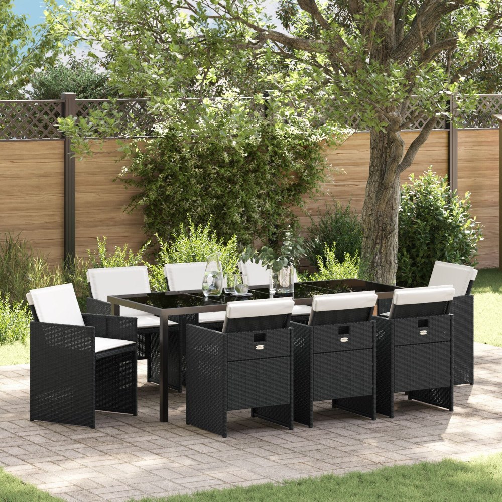 vidaXL Trädgårdsmöbelset med kudde Hopfällbar 9 pcs Svart Poly rattan