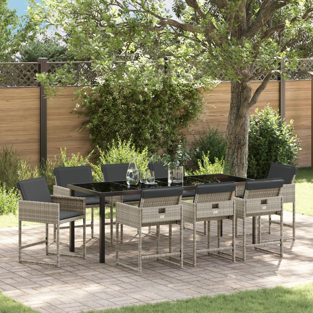vidaXL Trädgårdsmöbelset med kudde 9 pcs Ljusgrå Poly rattan