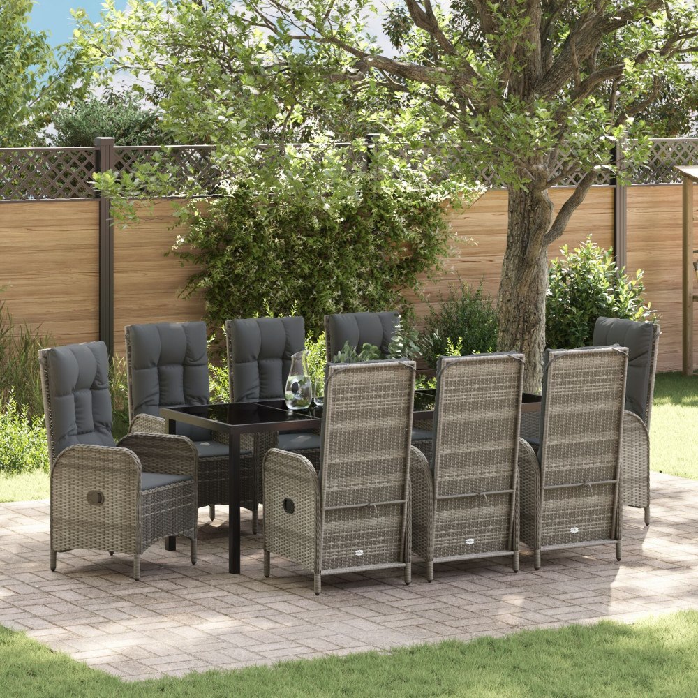 vidaXL Trädgårdsmöbelset med kudde 9 pcs Grå Poly rattan