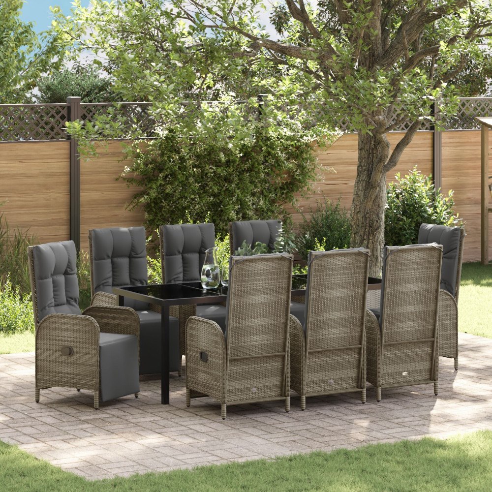 vidaXL Trädgårdsmöbelset med kudde 9 pcs Grå Poly rattan