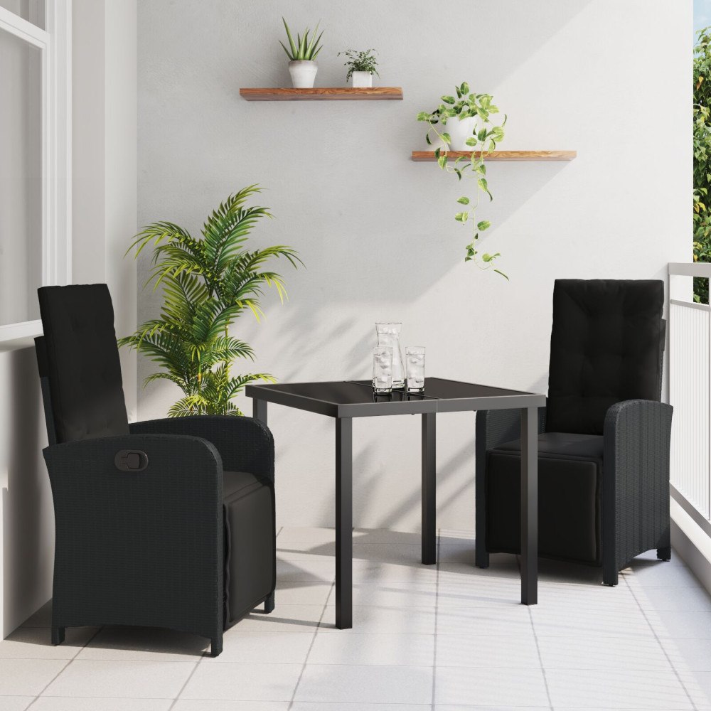 vidaXL 3-delat trädgårdsdiningset med kuddar svart polyrotting, vidaXL matbord svart 80x80x73 cm härdat glas