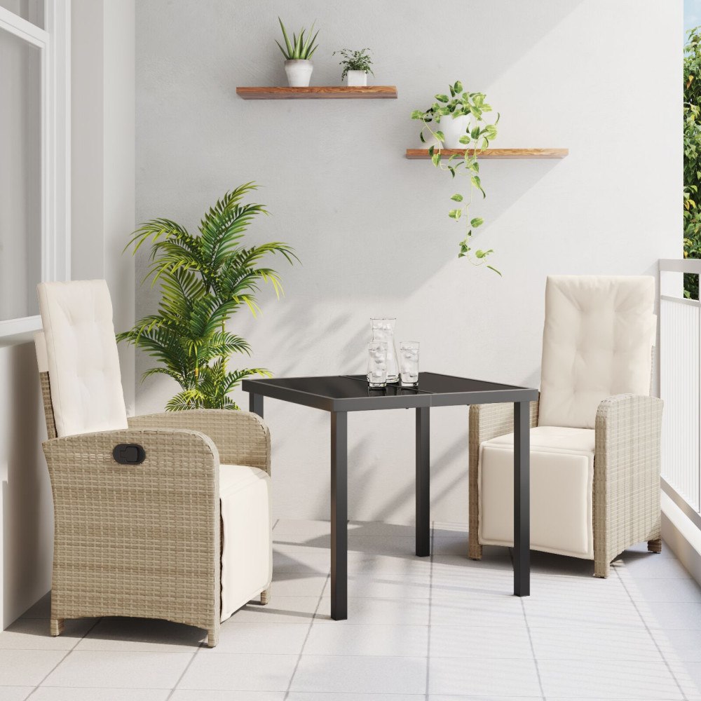 vidaXL 3-delat trädgårdsmöbelset med kuddar beige poly rattan, vidaXL trädgårdsbord svart 80x80x73 cm tempererat glas