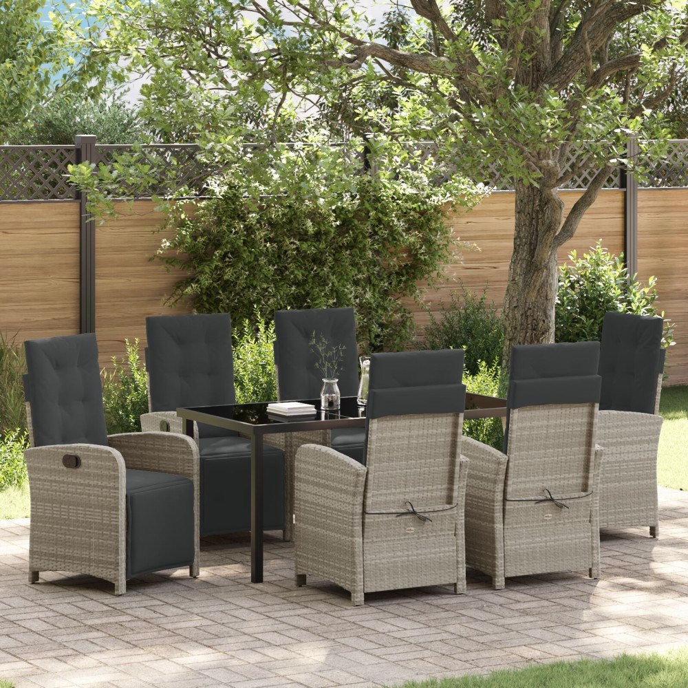 vidaXL 7-delad trädgårdsmatgrupp med kuddar, ljusgrå poly rattan, vidaXL trädgårdsbord svart 160x80x73 cm, härdat glas