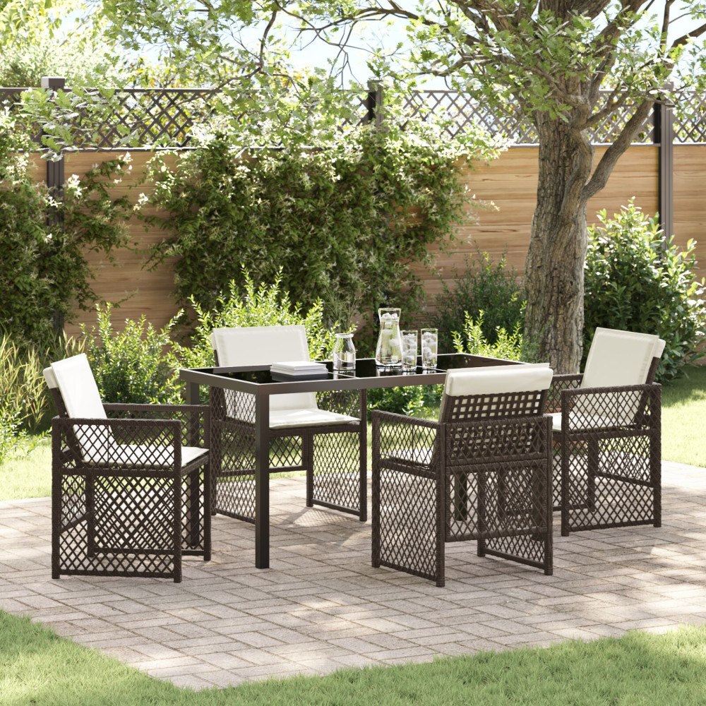 vidaXL 5-delars trädgårdsmatsal med kuddar Brun poly-rattan, vidaXL Trädgårdsbord svart 140x80x73 cm härdat glas