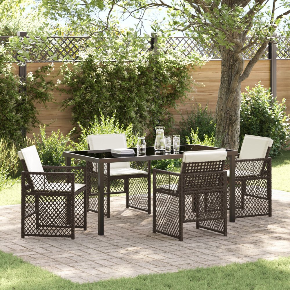vidaXL 5 Delars Trädgårds Matbordset med Kuddar Brun Poly Rattan, vidaXL Trädgårdsbord Svart 160x80x73 cm Härdat Glass