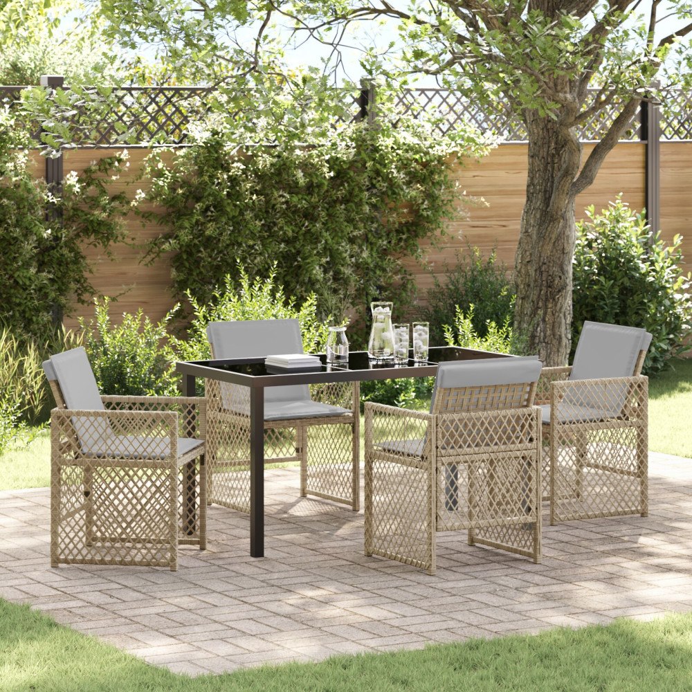 vidaXL 5-delat Trädgårdsdining-set med kuddar Beige Poly Rattan, vidaXL Trädgårdsbord Svart 140x80x73 cm Härdat glas