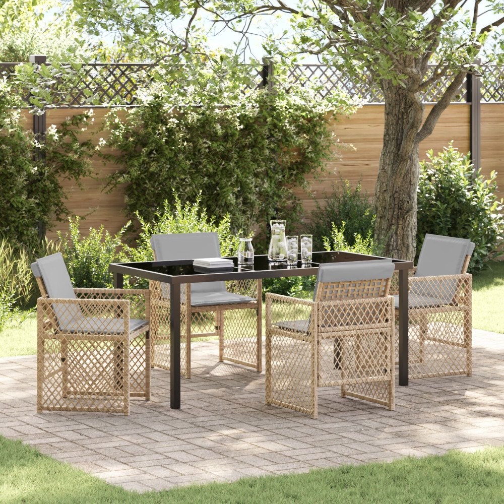 vidaXL 5-delat Trädgårds Middagsset med Kuddar Beige Poly Rottning, vidaXL Trädgårdsbord Svart 160x80x73 cm Tempererat Glas