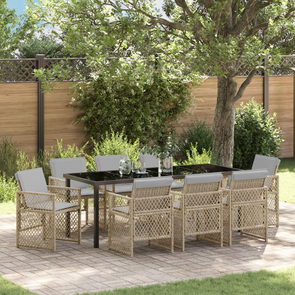 vidaXL 9-delad Trädgårdsmatgrupp med Kuddar Beige Poly Rattan