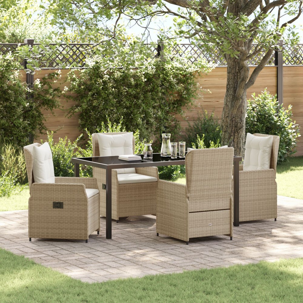 vidaXL 5-delat trädgårdsmatsalsset beige poly rattan, vidaXL trädgårdsbord svart 160x80x73 cm härdat glas
