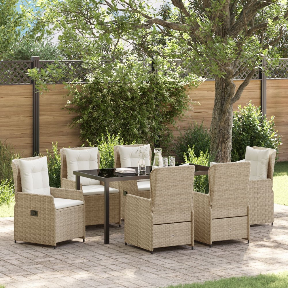 vidaXL 7 Delars Trädgårdsmöbelset Beige Poly Rattan, vidaXL Trädgårdsbord Svart 160x80x73 cm Härdat Glas