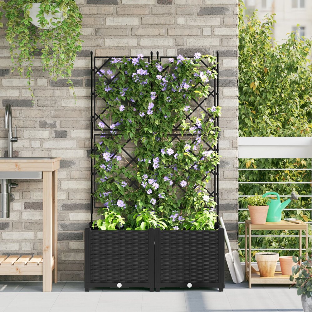 vidaXL Trädgårdsplanterare med trellis 2 st Svart 80x40x143 cm