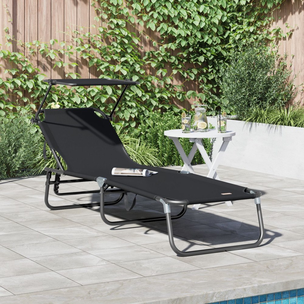 vidaXL Vikbar solstol med tak Svart 600D Oxford tyg