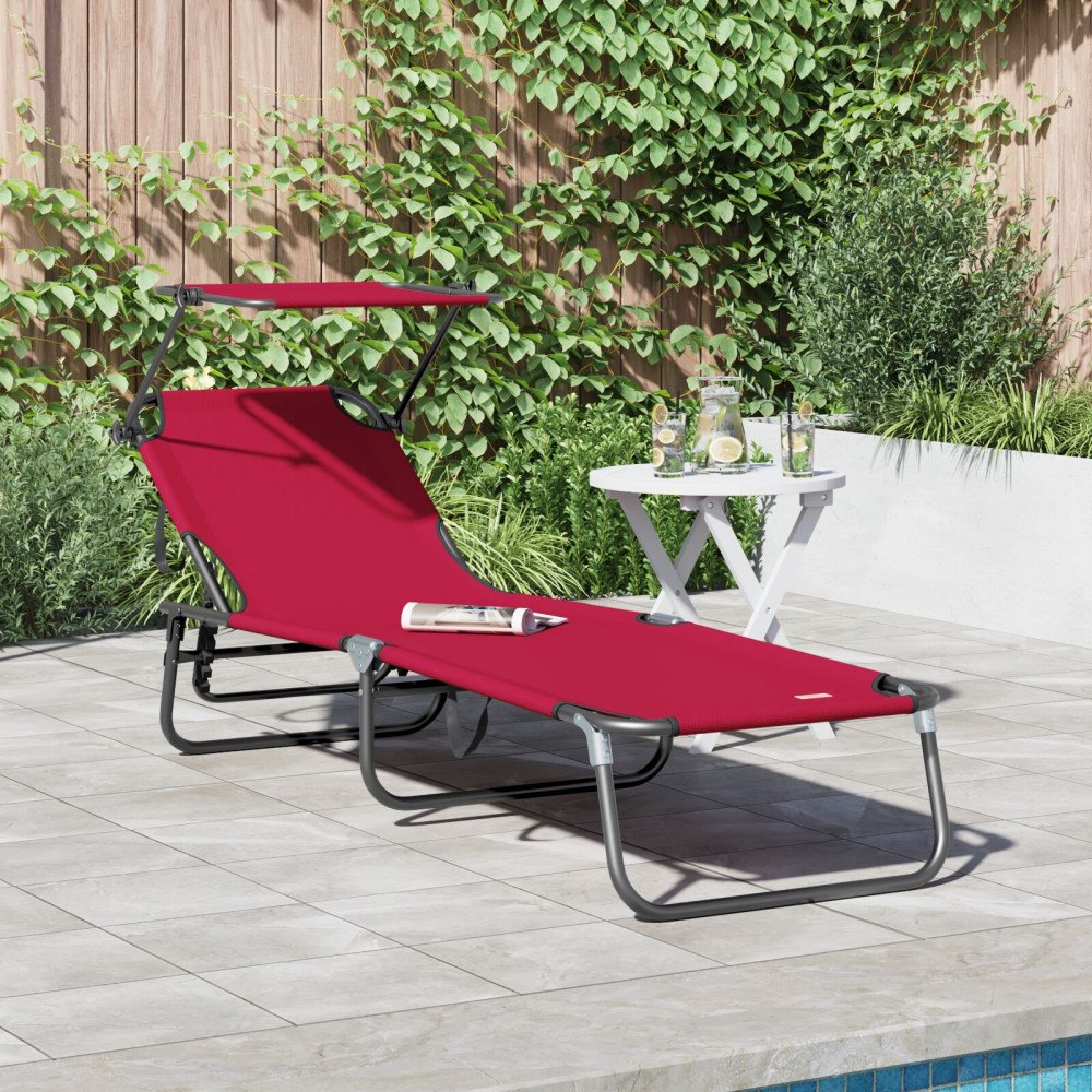 vidaXL Vikbar Solstol med Markis Röd 600D Oxford Tyg
