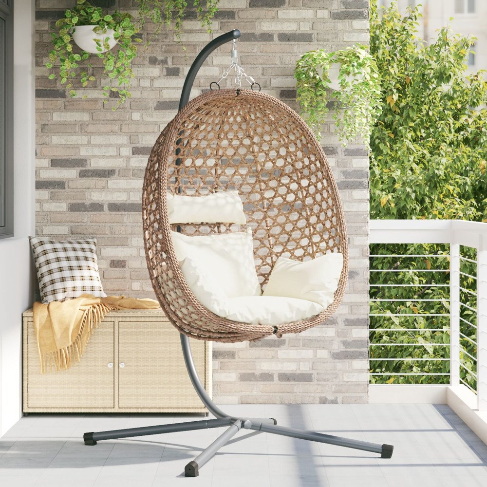 vidaXL Hängande Äggstol Basket med Stativ Kaffe Poly Rattan