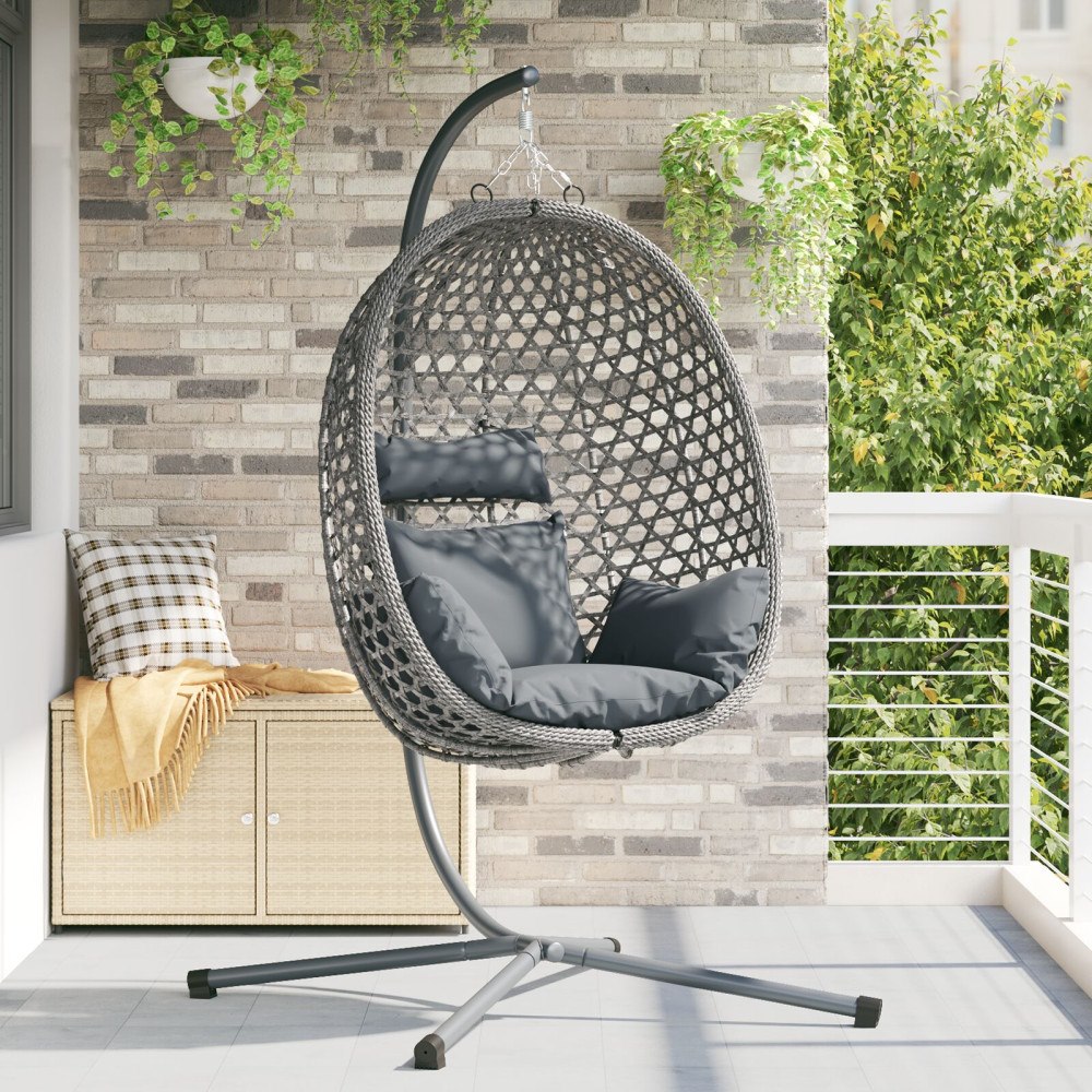 vidaXL Hängande Äggstol Korg med Stöd Grå Poly Rattan