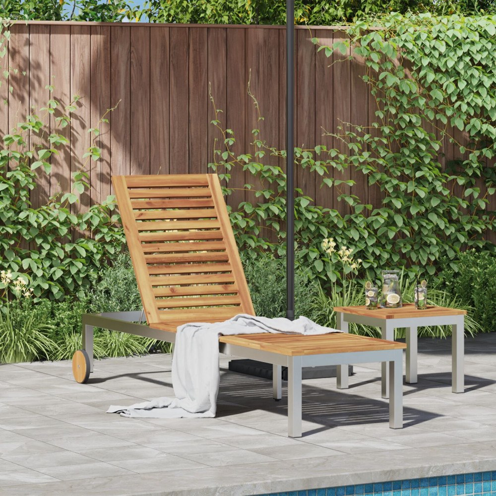 vidaXL Solstol med hjul 207x58x35 cm Massivt akaciaträ & Rostfritt stål