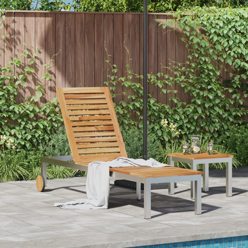 vidaXL Solstol med hjul 207x58x35 cm Massivt akaciaträ och rostfritt stål