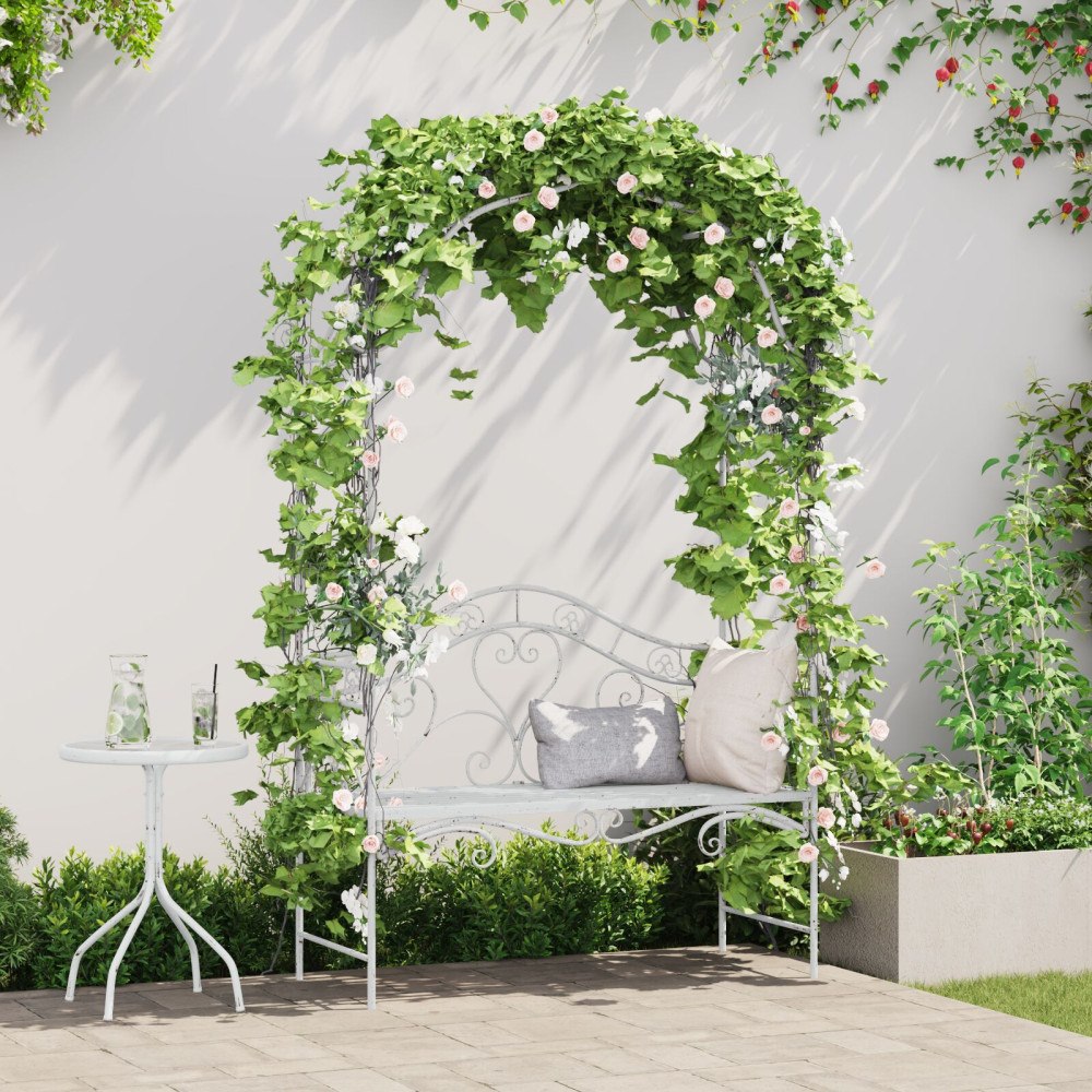 vidaXL Bänk Vit Metall 121 x 48 x 200 cm Dekorativa inslag Utomhusbänk