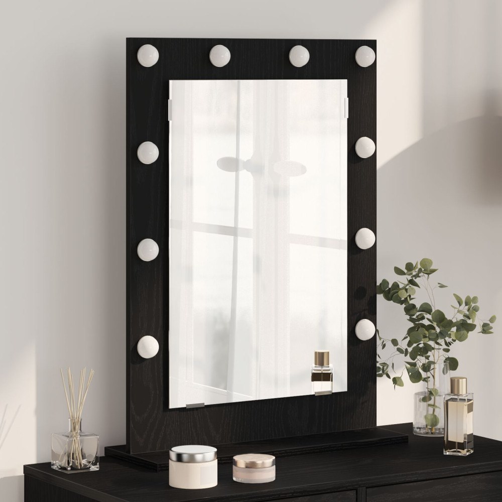 vidaXL Sminkspegel med LED-lampor Svart Ek 70x50x18 cm