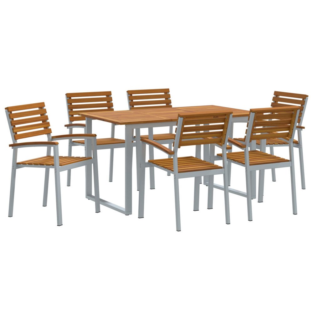 vidaXL 7 Delars Trädgårdsmatbord Set i Massivt Akacia Trä och Metall