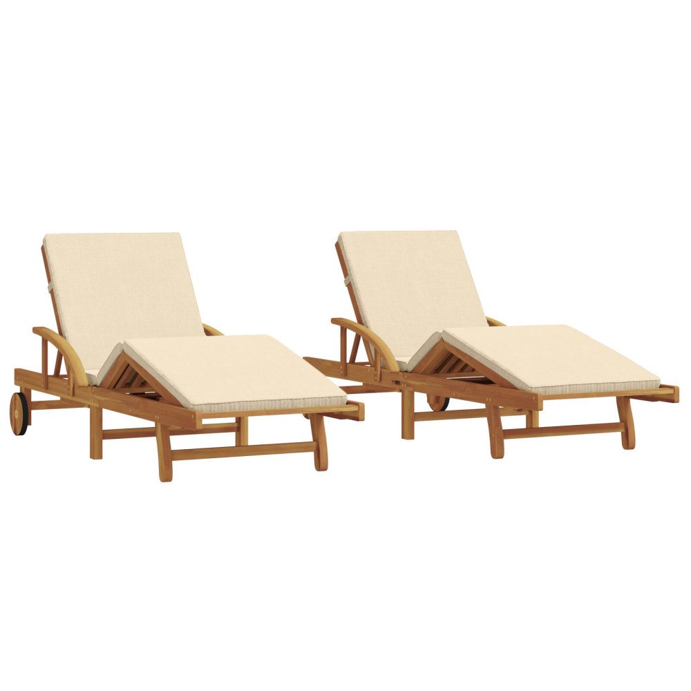 vidaXL Solstolar 2 st med Kuddar och Hjul, Beige, Massivt trä Akacia, vidaXL Hopfällbar Solstol med Hjul & Kudde, Beige, Massiv...