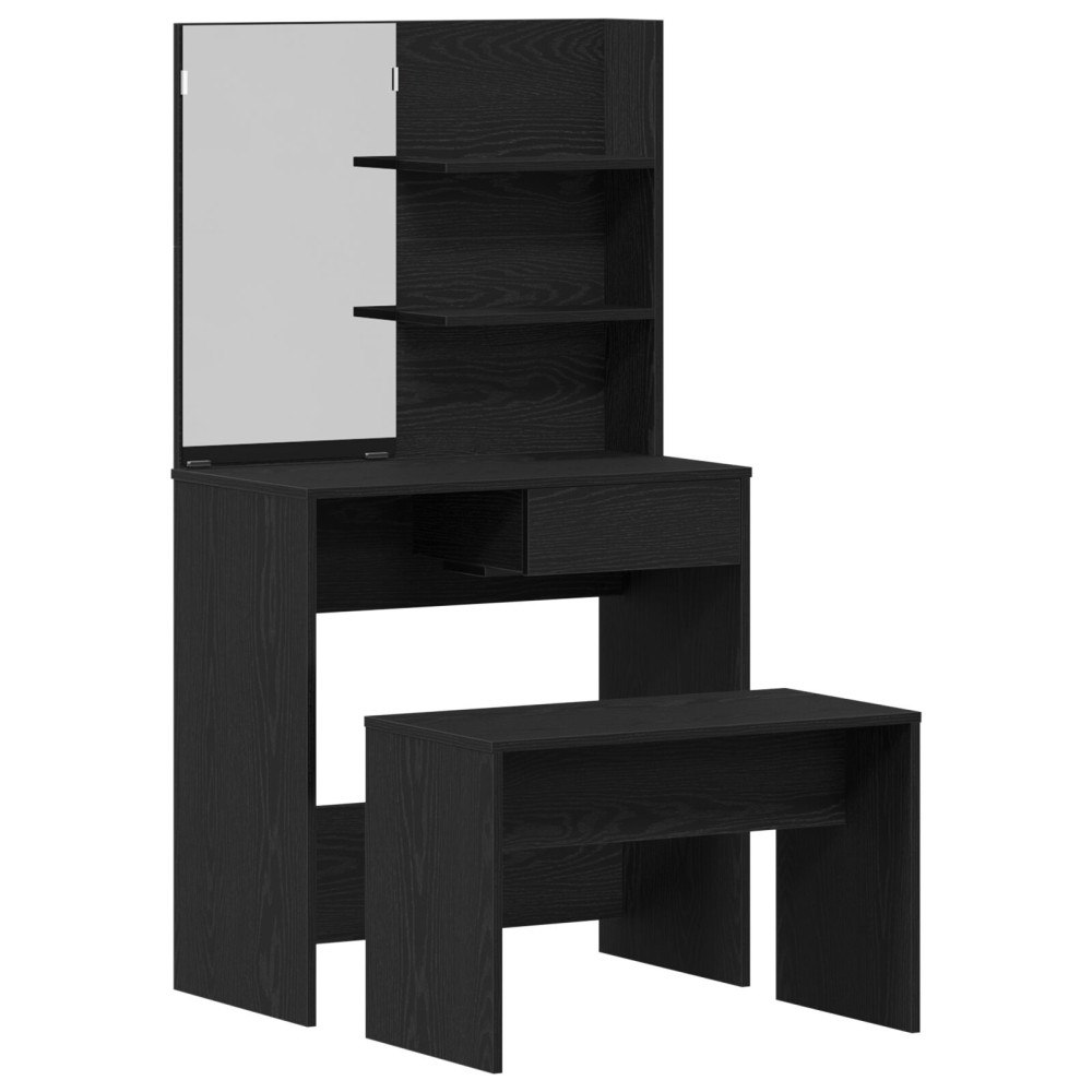 vidaXL Sminkbord Set Svart Ek Trä, vidaXL Svart Ek Sminkbord med Spegel - 74.5 x 40 x 141 cm, vidaXL Sminkpall Svart Ek 70x35x4...