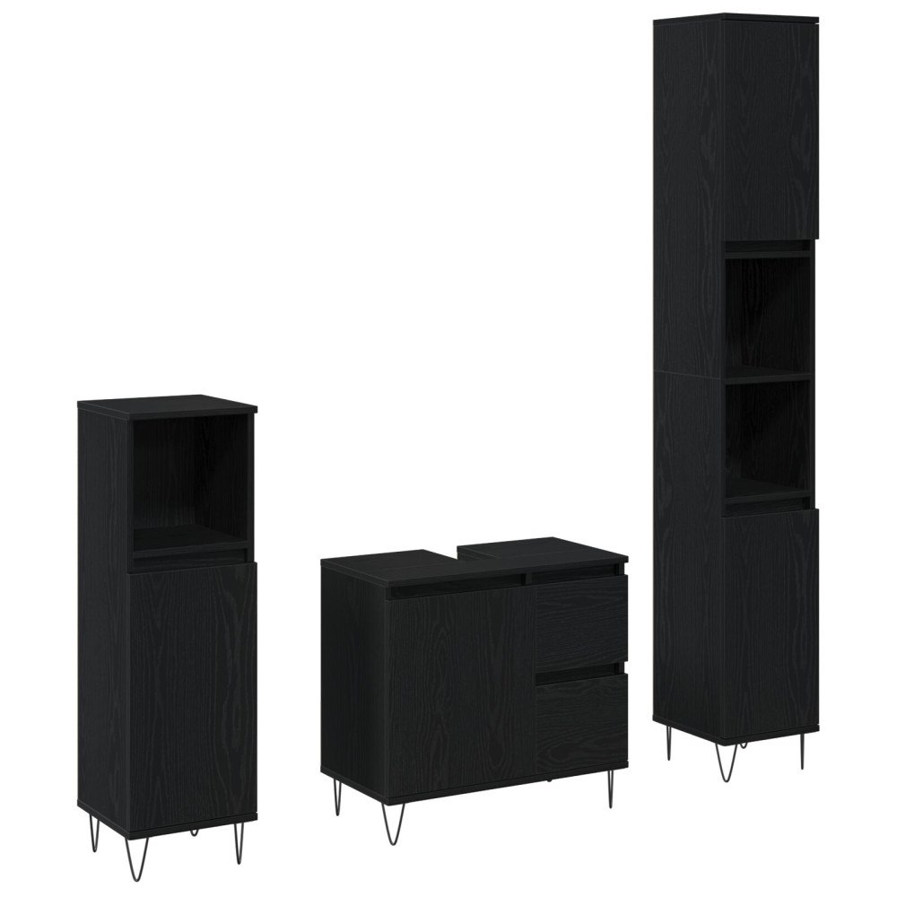 vidaXL Badrumsmöbler Set med låda 3 pcs Svart Ek 30 x 30 x 190 cm