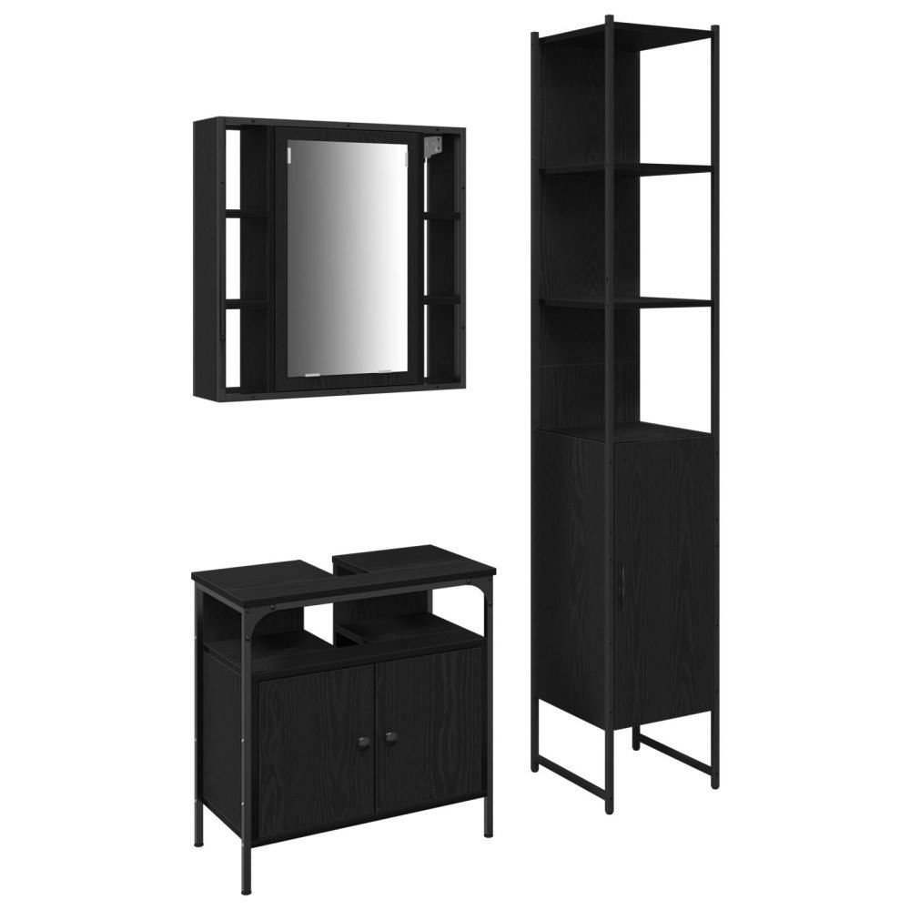 vidaXL Badrumsskåpsset med hylla 3 pcs Svart ek 33 x 33 x 185.5 cm