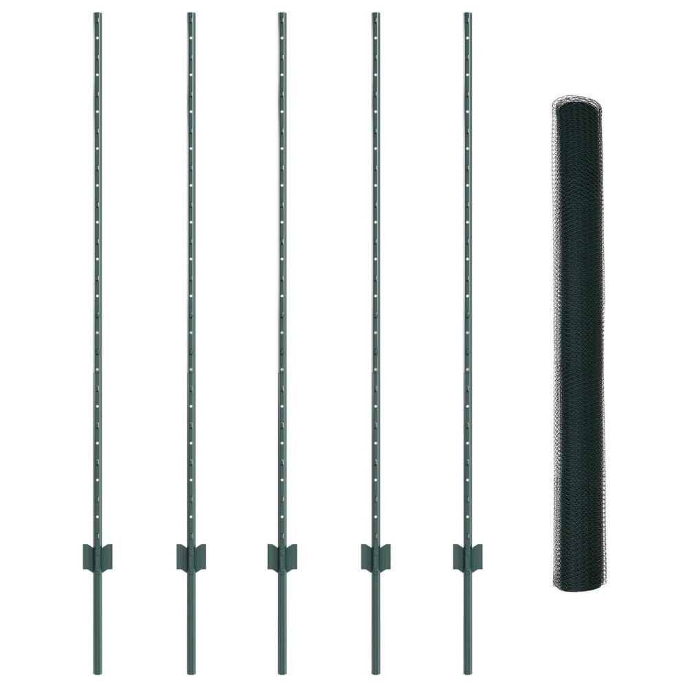 vidaXL Staketstolpar 5 st U-Kanal Grön 140 cm Stål, vidaXL Hexagonstaket Grön 1.4x10 m Stål
