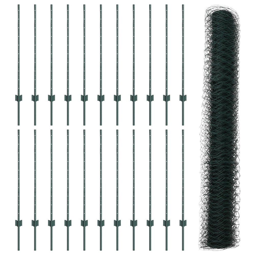 vidaXL Stängselstolpar 11 st U-kanal Grön 100 cm Stål, vidaXL Hexagon Stängsel Grön 1x50 m Stål