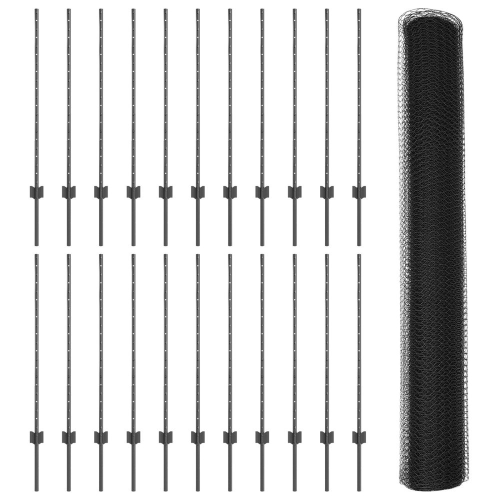 vidaXL Staketstolpar 22 st U-kanel Grå 100 cm Stål, vidaXL Hexagonstaket Grå 1x50 m Stål