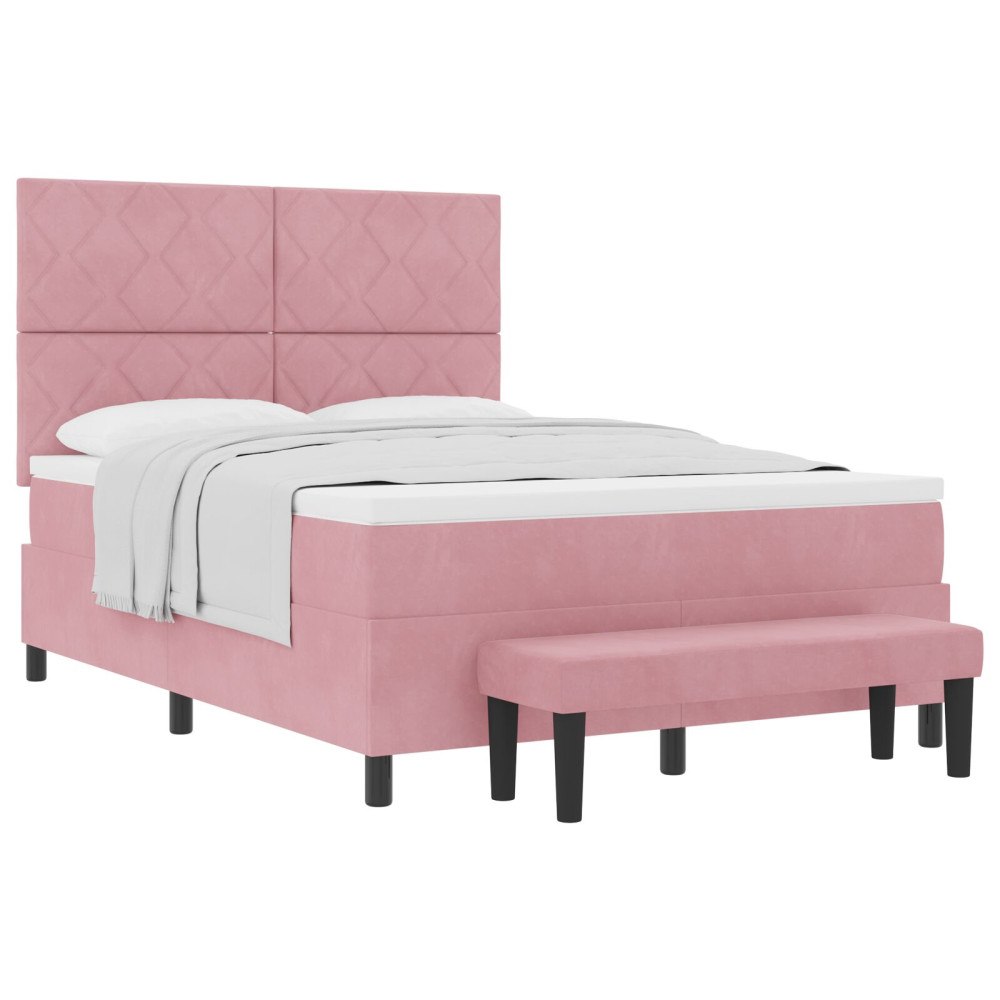 vidaXL Box Spring Säng med Madrass & Bänk Rosa 140x200 cm Sammet