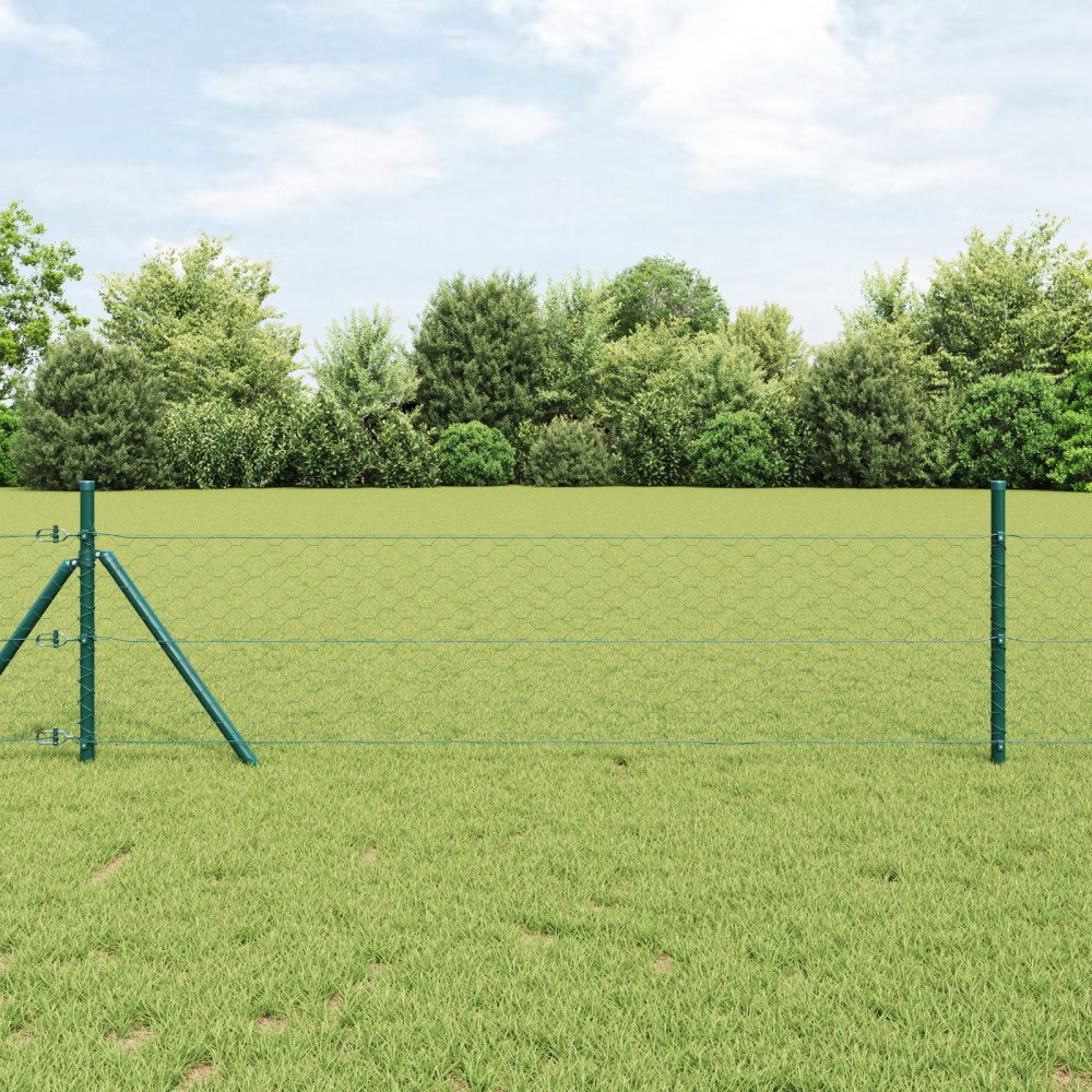 vidaXL Hexagon Staket Grön 0,6x100 m Stål, vidaXL Staketstolpar 13 st Grön Ø32 mm 100 cm Galvaniserat Stål