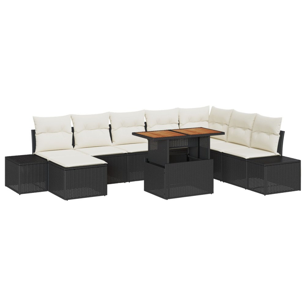 vidaXL 9-delars trädgårdsofa set med kuddar svart poly rotting
