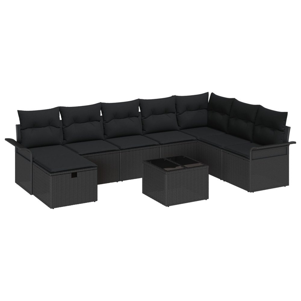 vidaXL 9-delars trädgårdsofaset med kuddar svart poly rattan