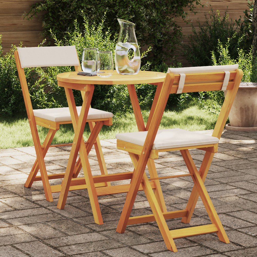 vidaXL 3-delat hopfällbart bistro-set med dynor av massivt akaciaträ