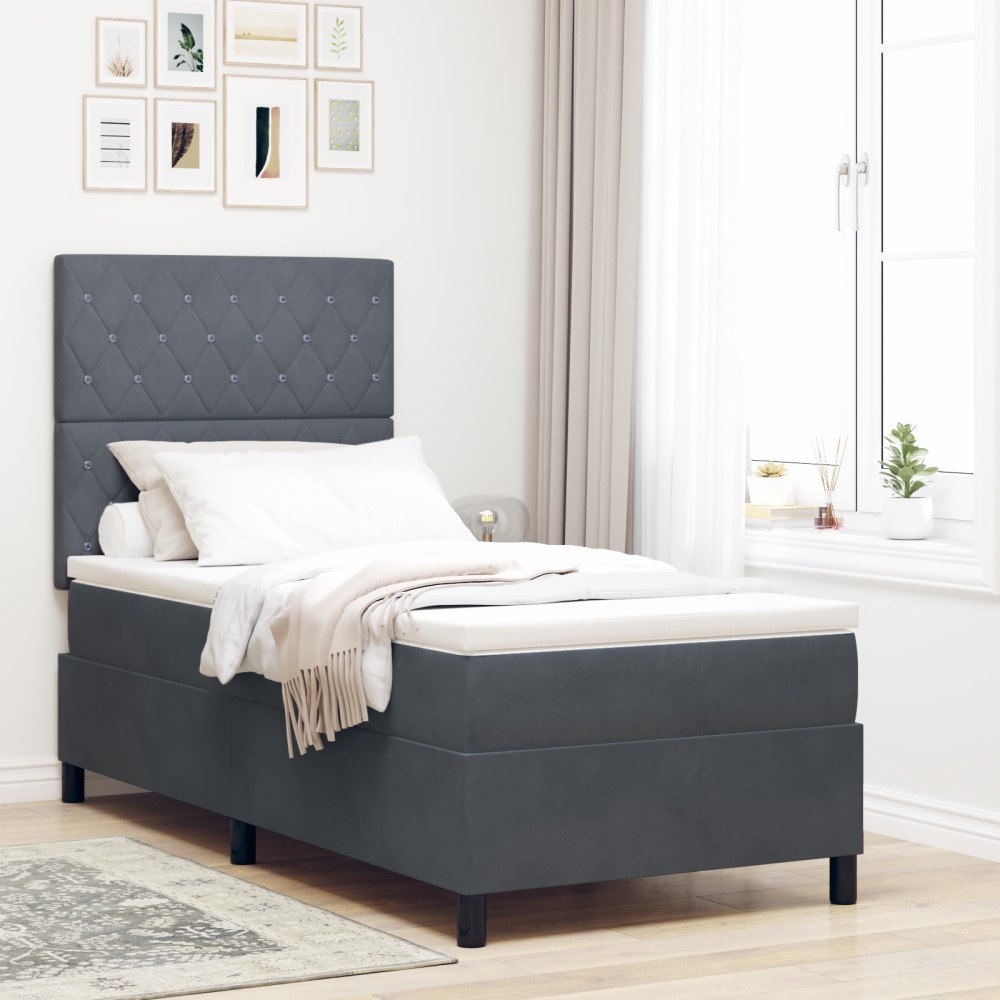 vidaXL Boxfjäder Säng med Madrass Mörkgrå 90x200 cm Sammet