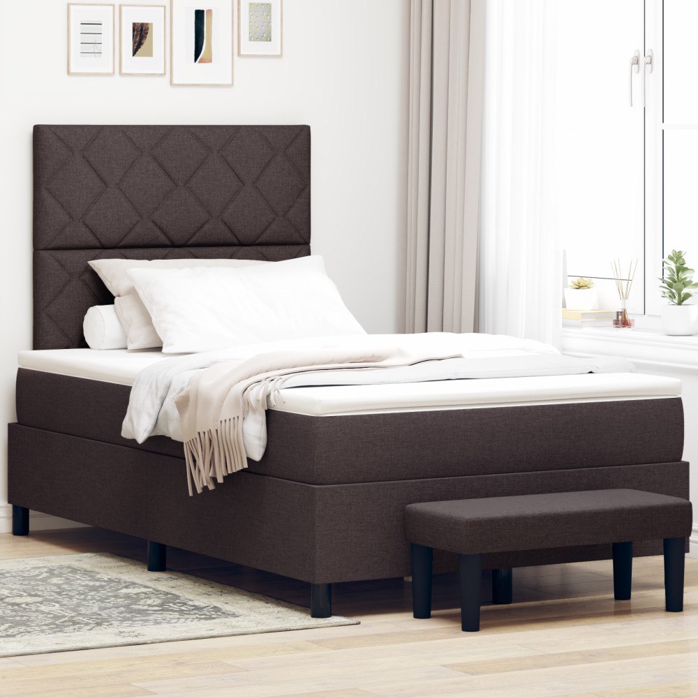 vidaXL Boxspring Säng med Madrass & Bänk Mörk Brun 120x200 cm Tyg