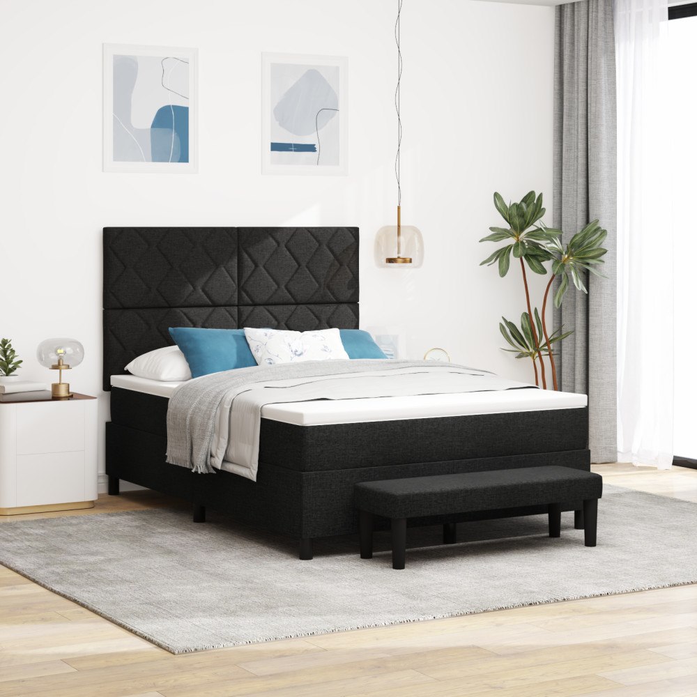 vidaXL Box Spring Säng med Madrass & Bänk Svart 160x200 cm Tyg