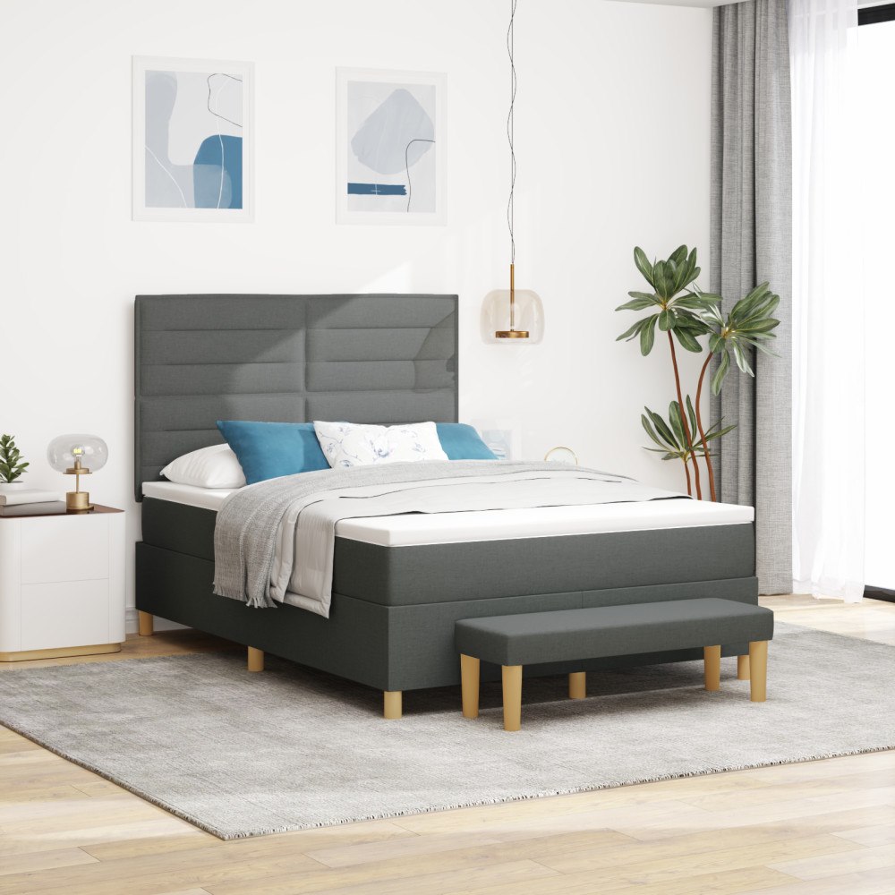 vidaXL Box-sjungande säng med madrass och bänk mörkgrå 160x200 cm tyg