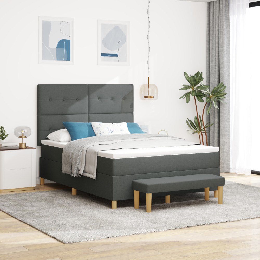 vidaXL Bäddmadrass med säng och bänk mörkgrå 160x200 cm tyg