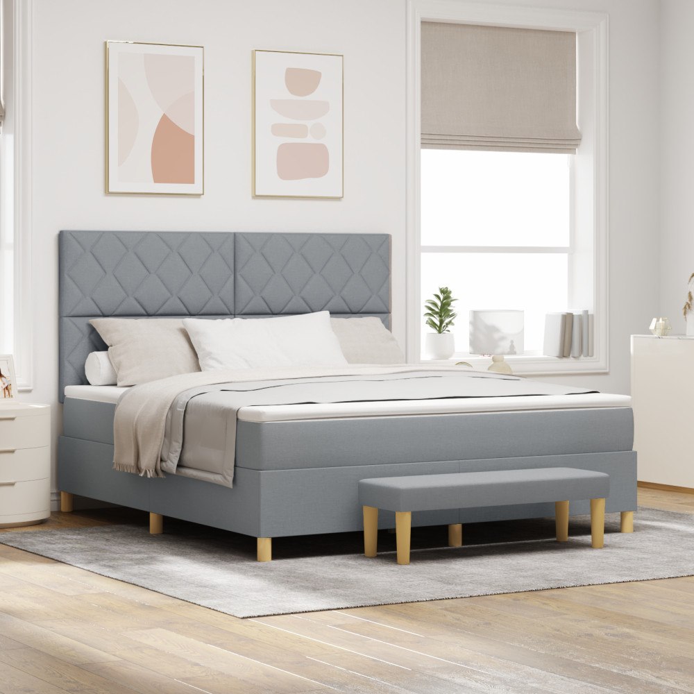 vidaXL Boxfjädersäng med madrass & bänk Ljusgrå 180x200 cm Tyg